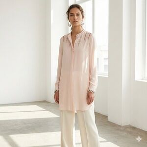 Elie Tahari powder pink silk Samaira long button down tunic blouse - Small